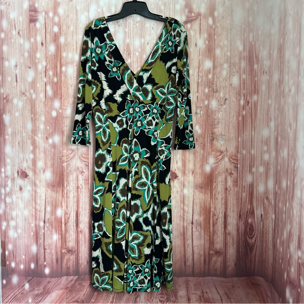 Lily Green Retro Floral Print V Neck 3/4 Sleeve Midi Dress Size L